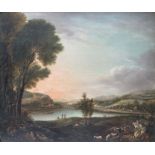 English School, mid 19th Century, a river landscape with a horseman driving cattle and sheep on a