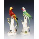 A pair of Dresden porcelain figures of parrots on stumps