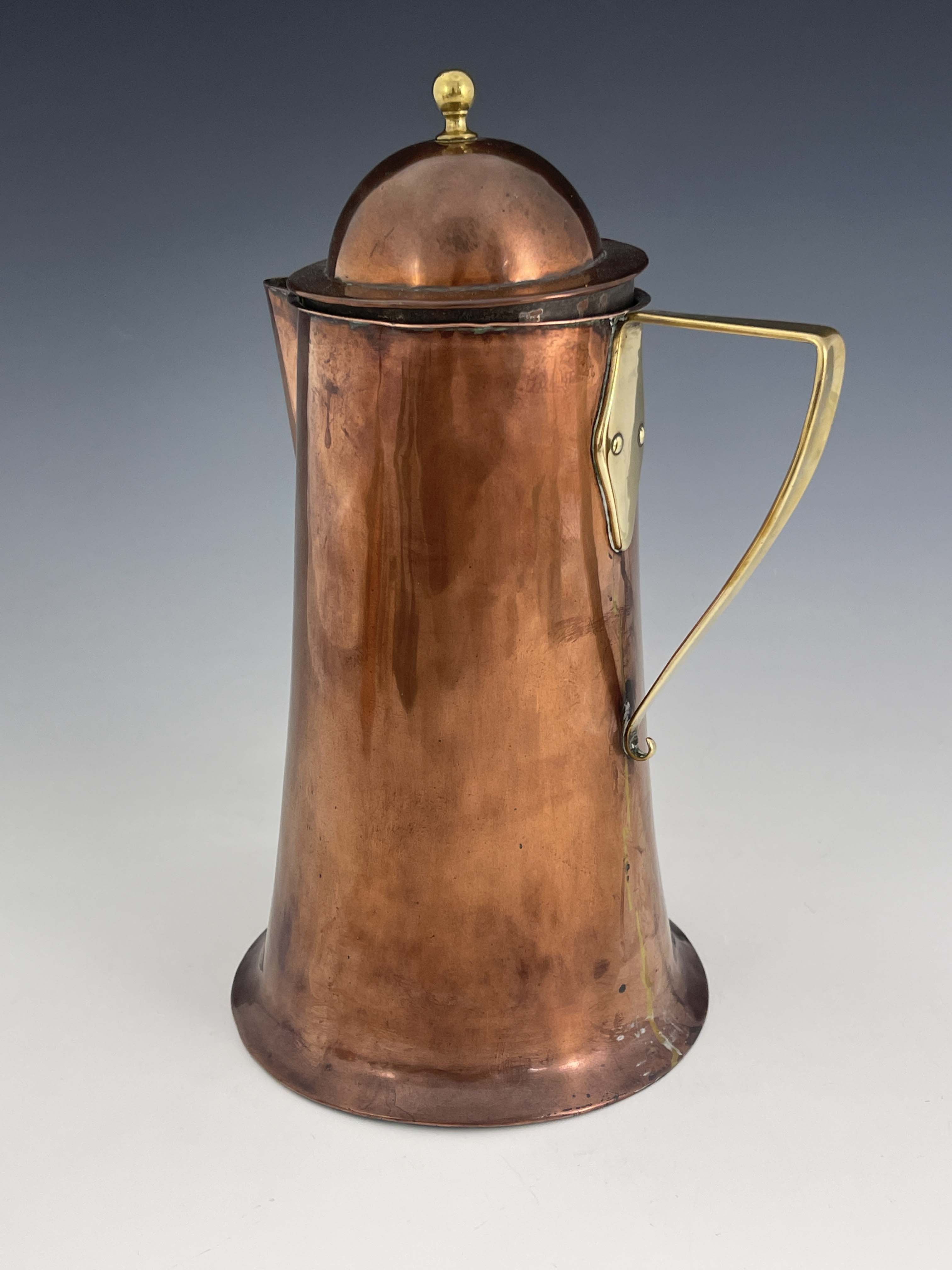 A S Dixon for Birmingham Guild of Handicraft, an Arts and Crafts copper and brass lidded jug, the - Bild 2 aus 4