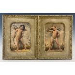 A pair of Goldscheider wall plaques, late 19th Century, each painted with a standing winged