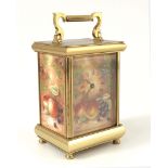 S Smith, a Royal Worcester fruit painted enamel carriage timepiece, each panel with a still life