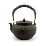 A Japanese cast iron spirit teapot, textured surface with a Greek key rim and foliage and spiders in