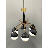 A pendant light fitting in the manner of Gino Sarfatti, circa 1950's, brass and black lacquered