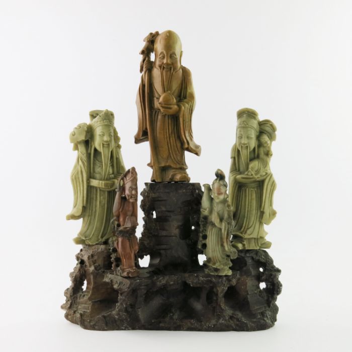 A Chinese soapstone carving, in the form of five robed figures mounted upon a rocky outcrop, 34cm - Image 2 of 14