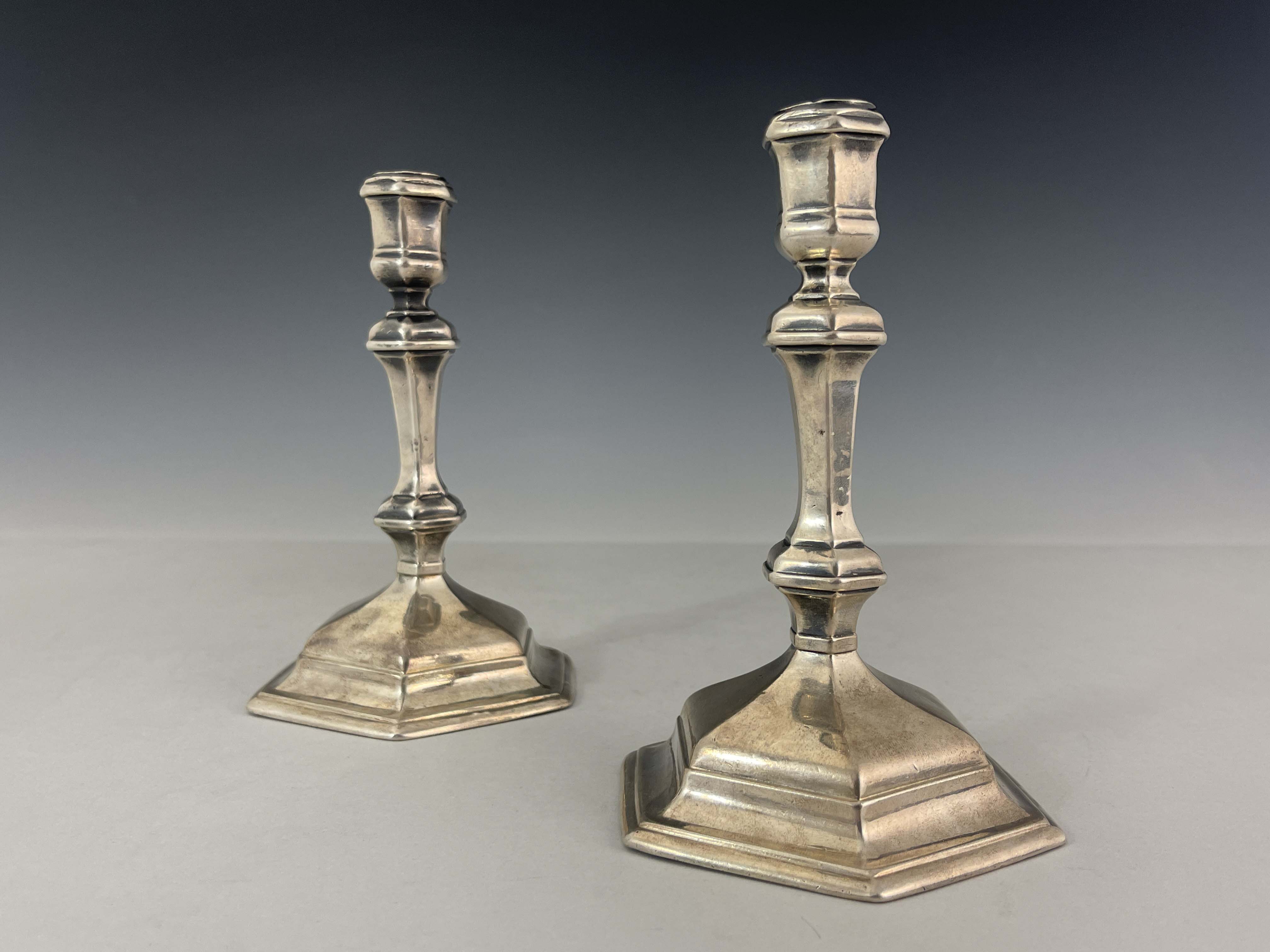 A pair of George I silver candlesticks, Matthew Cooper, London 1718, hexagonal form, on stepped - Image 2 of 6
