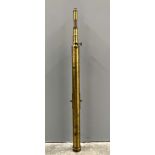 A 19th Century lacquered brass tripod telescope, telescopic mechanism, lens cover, 133cm long, (