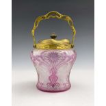 Baccarat, an Art Nouveau cameo glass and gilt metal mounted biscuit barrel