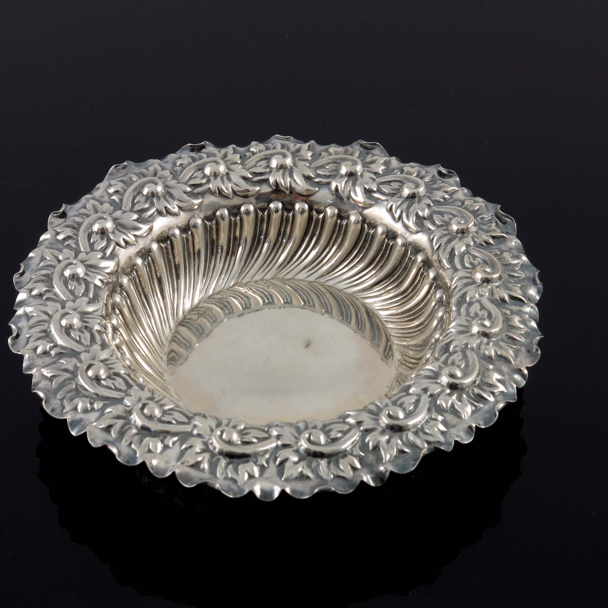 Victorian silver including pair of embossed dishes, bowl and caddy spoon - Image 3 of 4