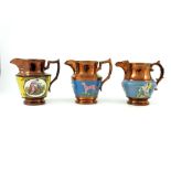 Three 19th century copper lustre jugs