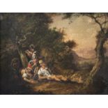 Follower of John Hamilton Mortimer, banditti with their spoils in a wooded landscape, oil on