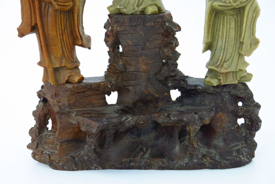 A Chinese soapstone carving, in the form of five robed figures mounted upon a rocky outcrop, 34cm - Image 12 of 14