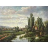 20th Century, after a 19th Century French original, a river landscape with figures on the bank and a