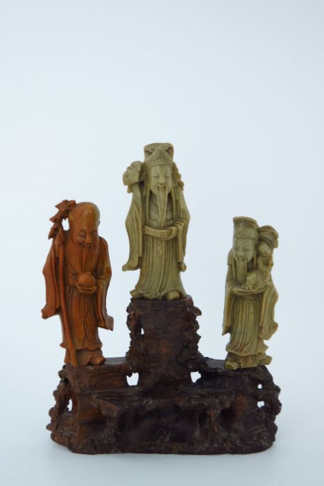 A Chinese soapstone carving, in the form of five robed figures mounted upon a rocky outcrop, 34cm - Image 11 of 14