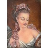 Faure for Limoges, a rectangular convex enamel portrait plaque, 'Jeuen Fille aux Roses' after