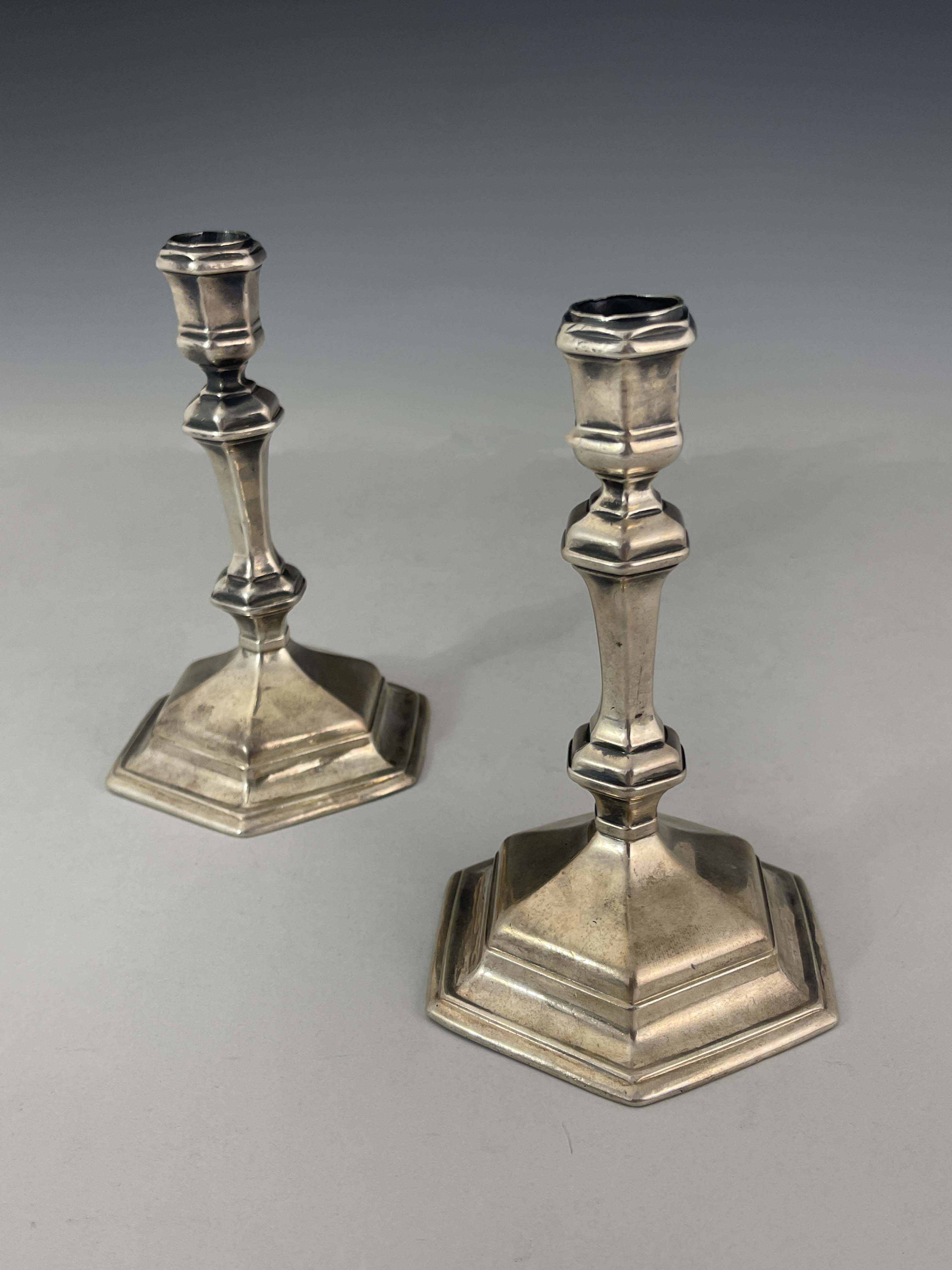 A pair of George I silver candlesticks, Matthew Cooper, London 1718, hexagonal form, on stepped - Image 3 of 6