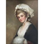 After George Romney. portrait of Mrs Mary Robinson, half length in a white bonnet, signed with