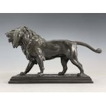 After Alfred Bayre, bronze model of a standing lion in profile, signed, mounted on a rectangular