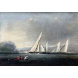 Follower of Nicholas Matthew Condy, yachts racing in an estuary, oil on tin, 21 by 30cm, gilt frame