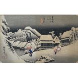 Hiroshige Ando (Japanese, 1797-1858), Night Snow at Kambara, titled and signed, woodcut in