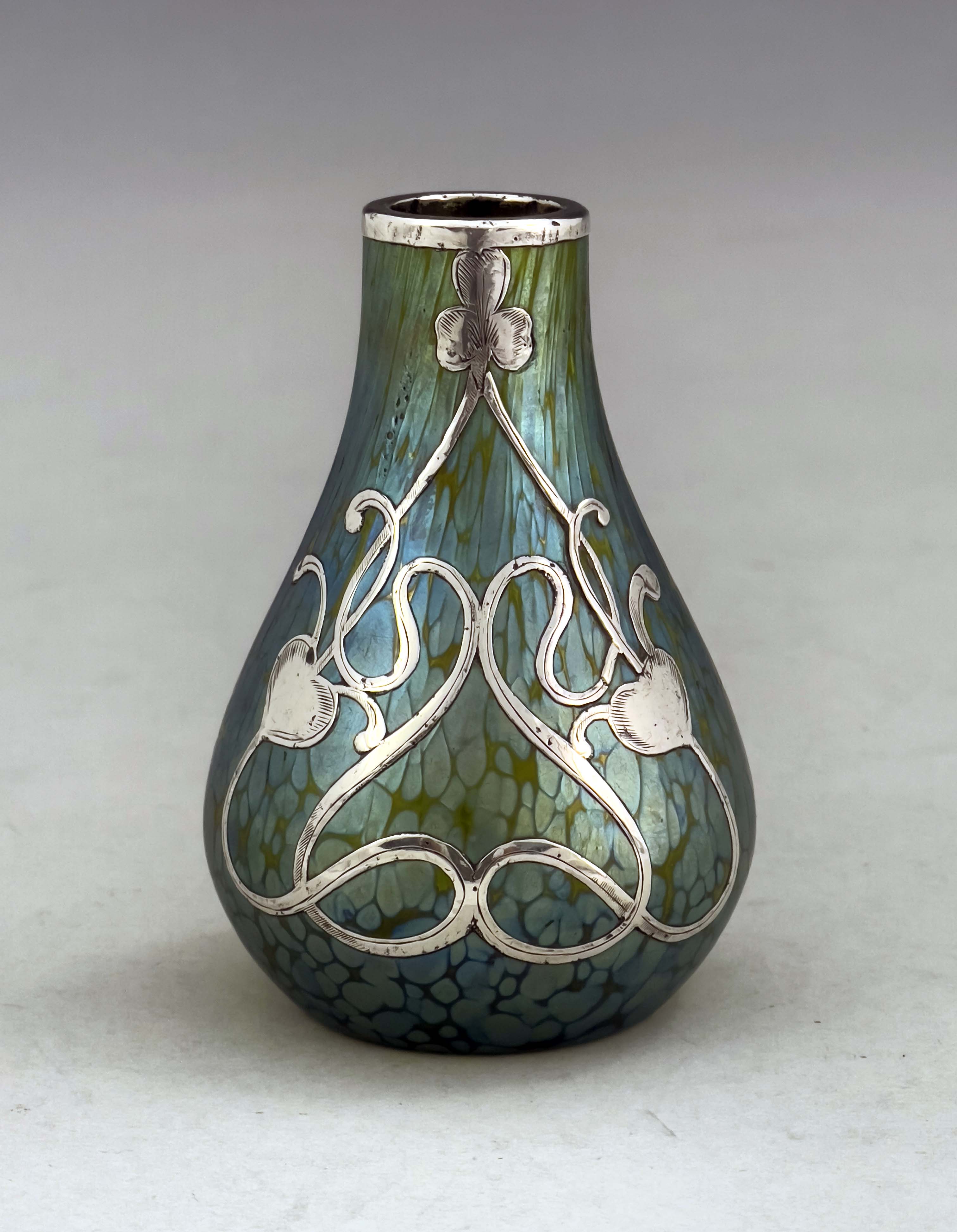 Loetz, a small Secessionist iridescent glass and silver overlay Crete Papillon vase