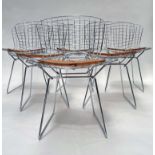 Harry Bertoia for Knoll, a set of six wire side chairs, designed circa 1952, with tan leather seat