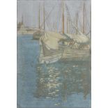 Jakob Glasner (Polish, 1879-1942), moored fishing boats, signed l.r., linocut, 37 by 26cm, framed