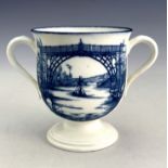 A Caughley blue and white twin handled pedestal cup