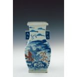 A Chinese provincial blue and white baluster vase, 19th Century, of rectangular section with angular