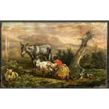 A 19th century continental reverse painted glass plaque, pastoral landscape of a shepherdess milking