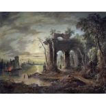 Circle of Sebastian Pether, a figure among ruins by moonlight, oil on re-lined canvas, 71 by 92cm,
