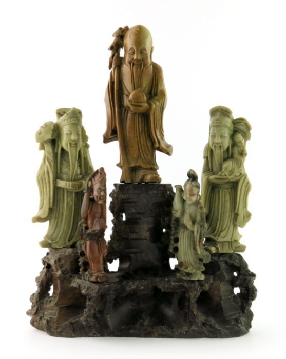 A Chinese soapstone carving, in the form of five robed figures mounted upon a rocky outcrop, 34cm - Image 6 of 14