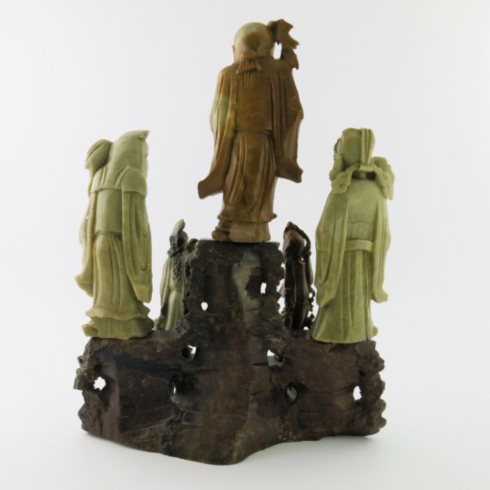 A Chinese soapstone carving, in the form of five robed figures mounted upon a rocky outcrop, 34cm - Image 7 of 14