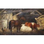 R..Hutchinson (British, 19th Century), a barn interior with cattle, a horse and chickens, signed l.