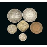 British India coins, Victoria, One Rupee 1862 (2), 1/4 Rupee 1840, Two Annas 1895, 1/4 Anna 1877;