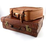 Vintage Luggage, a John Pound & Co tan leather suitcase, early 20th Century, stitched with flush