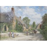 John Lewis Chapman (British, 1946), a Cotswold village with figures, dog and horse, signed l.l., oil