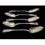 Five George III and later silver table spoons, various London makers and dates