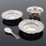 Victorian silver including pair of embossed dishes, bowl and caddy spoon