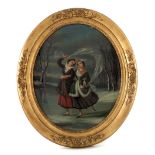 A reverse painted oval convex glass wall plaque, late 19th Century, two ladies ice skating arm-in-