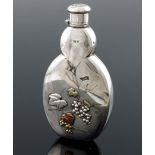 An Aesthetic Movement silver and mixed metal overlay spirit flask, Frederick Elkington, London 1864