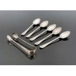 A part set of Aesthetic Movement silver teaspoons and sugar tongs, William Gallimore and Son, Sheffi