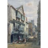 British School, late 19th Century, an English street scene with figures moving house, indistinctly