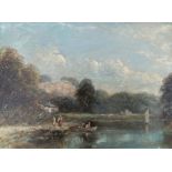 English School, 19th Century, a river landscape with figures by a rowing boat, oil on panel, 27.5 by