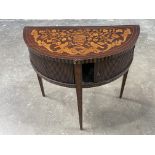 An 18th Century Dutch demi-lune side table, marquetry top with a pair of birds flanking a