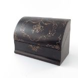 A 19th century leather and tortoiseshell stationary box, half dome form with hinged lid, lid with