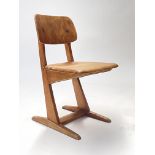 A vintage child's school chair, moulded plywood back, dished cantilever seat, sleigh feet, 59cm
