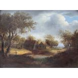 Circle of Charles Morris, a landscape with farm buildings by a pond and figure in the foreground,