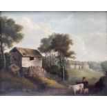 Follower of Peter La Cave, a landscape with a figure tending cattle and sheep by a barn, oil on re-