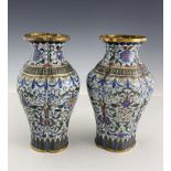 Pair of Chinese Cloisonne enamel vases, quatrelobed shouldered form, decorated with a lotus flower