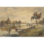 Maung Saya Saung (Burmese, 1898-1952), Burmese river landscapes with temples, a pair, both signed,